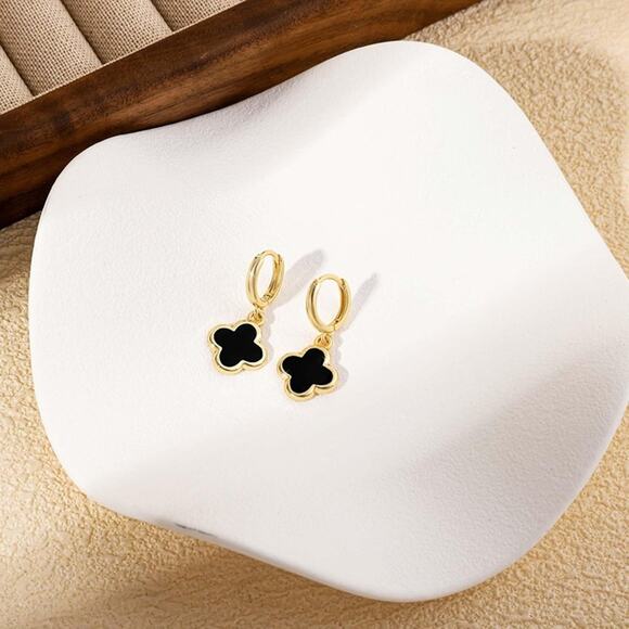 Four Leaf Clover Earrings Hoop Dangle 14K Gold Clover Earrings Non Tarnish Black - Picture 7 of 11
